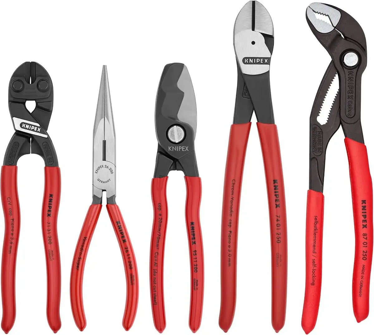 KNIPEX - 9K 00 80 108 US Tools - 5 Piece Automotive Starter Pliers Set (87 01 250, 95 11 200, 26 11 200, 74 01 250, 71 31 200) (9K0080108US)