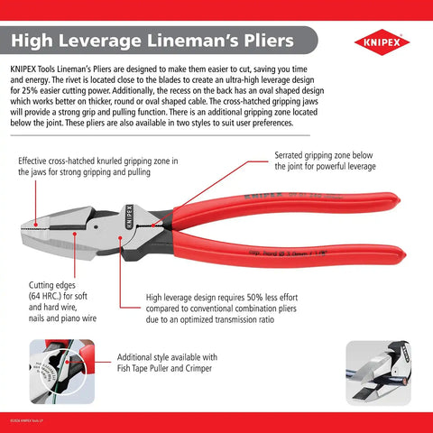 KNIPEX Tools 09 12 240 9.5-Inch Ultra-High Leverage Lineman's Pliers with Fish Tape Puller and Crimper