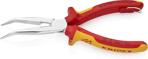 KNIPEX Tools 26 26 200 T Long Nose 40° Angled Pliers with Cutter-1000V Insulated-Tethered Attachment, 8'', Red/Yellow
